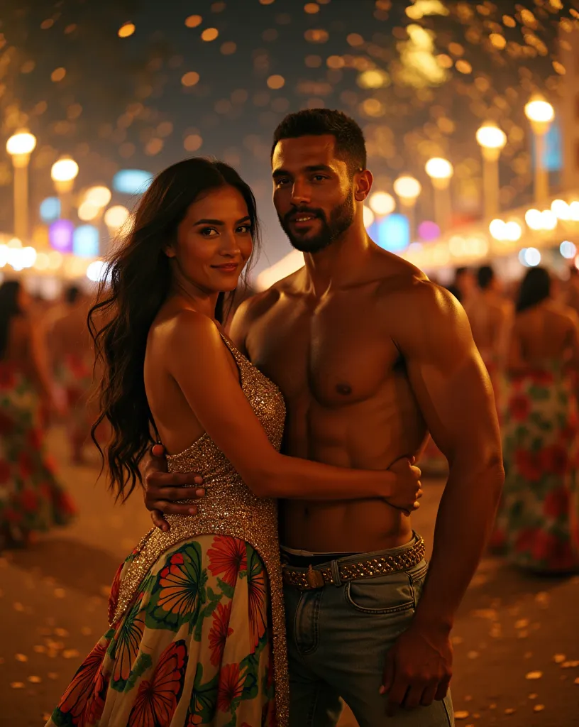 A professional photo of a magical Brazilian Carnival night, where a beautifully dressed couple takes center stage, their butterfly-patterned carnival costumes flowing as they move gracefully. The women on the right has 24-year-old young women with a heart-...