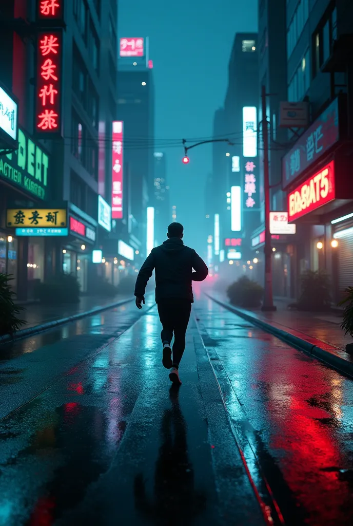 "An exhilarating first-person perspective of someone running through a dense cyberpunk city at night, with neon lights reflecting on the wet streets, your visible hands extended forward as if escaping something, and motion blur increasing intensity."

