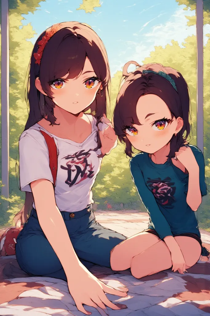 2 sisters, full portrait, anime style, getting ready for school 