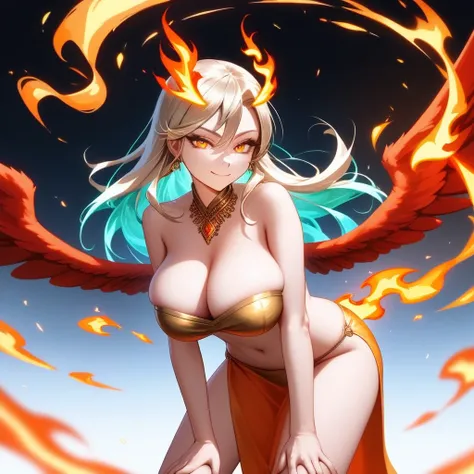 "Solo, score_9, score_8_up, score_7_up, source_furry, anthro phoenix girl, tall slender body, hourglass figure, adult female, radiant golden eyes with a fiery glint, vibrant orange-red feathers transitioning to yellow tips, flowing fiery hair that flickers...