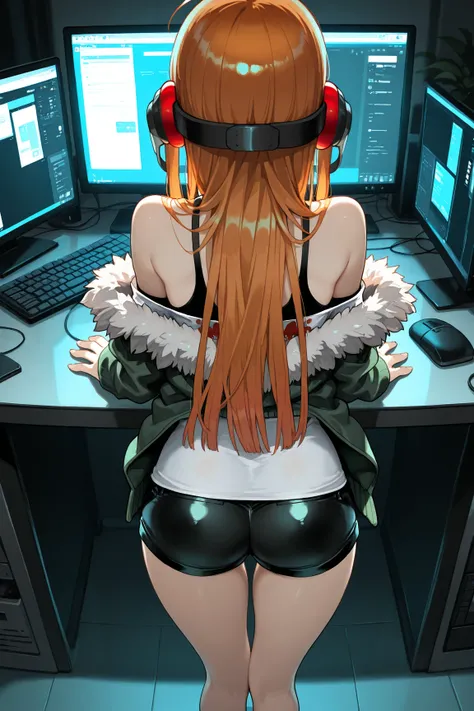 Sakura Futaba, masterpiece, best quality, small breasts, standing up over computer table, tight black shorts, from behind