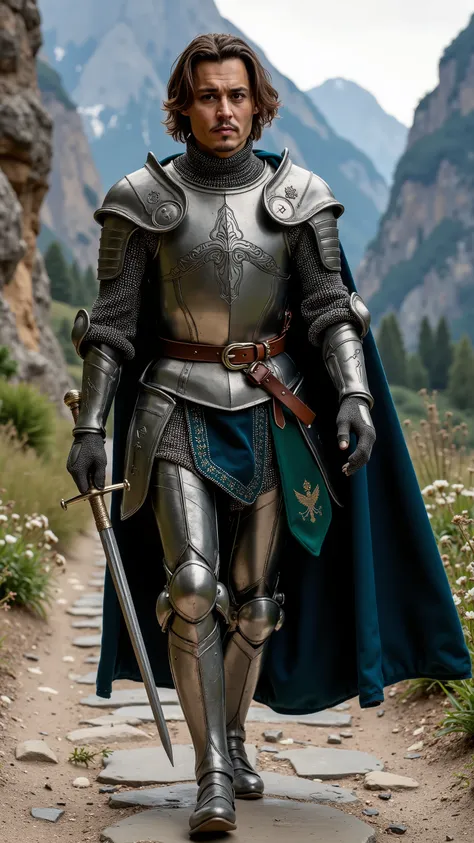 Johnny Depp as a knight walking and carrying a rapier、dramatic atmosphere, 1 man、He has piercing dark brown eyes and shoulder-length wavy hair swept back, with streaks of silver framing his sharp cheekbones.
He wears a finely crafted suit of polished st...