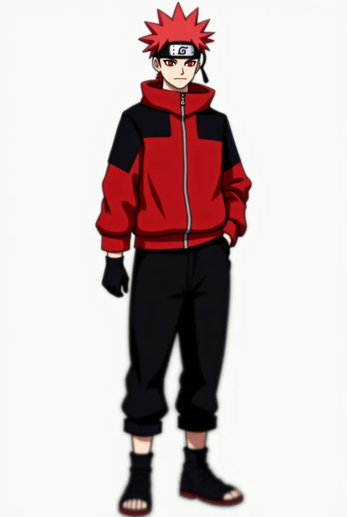 Make a male character inspired by the ANIME NARUTO, Does he have red and black clothes, A konoha headband, red eyes, black pants, black sneakers, Do it standing, He is an adult male, more older, no realistic