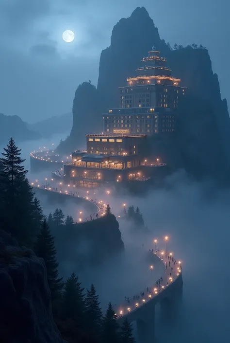 A misty night at mountain top hotel.hotel has lot of people and lot of lights.