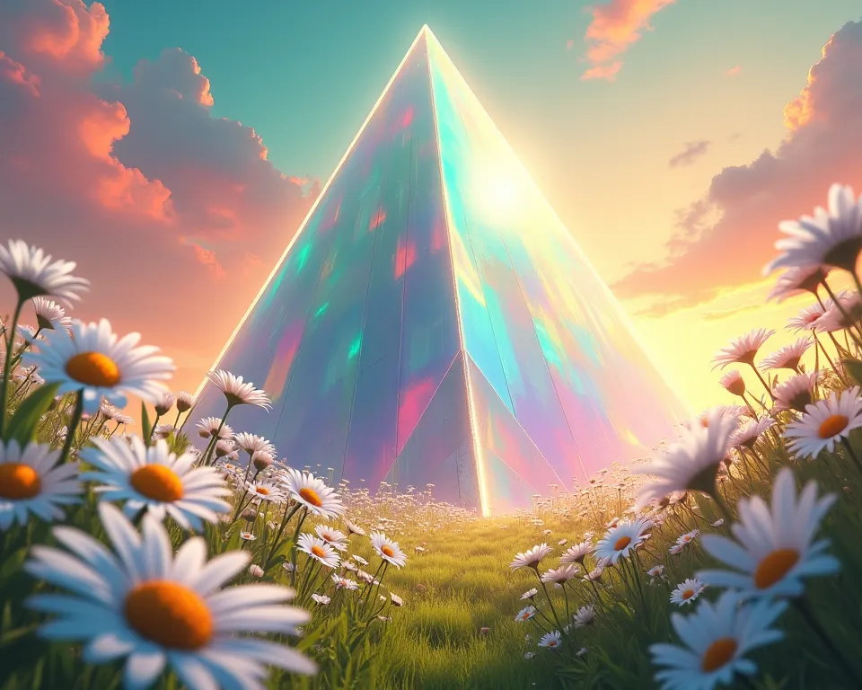 White daisy garden, huge crystal pyramid, Rainbow sky