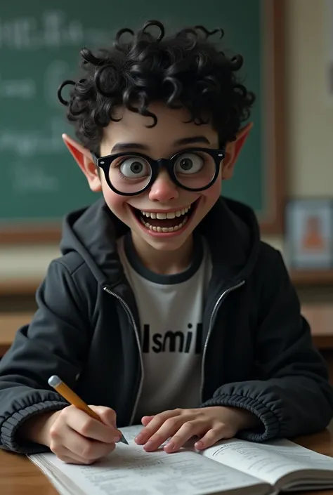 scary dark creature with sharp teeth 3d photo with short curly hair with glasses with a full-length black jacket Ismail is written on a T-shirt, he sits on his desk and in class at school begins to prepare for exams, writing all sorts of math assignment no...