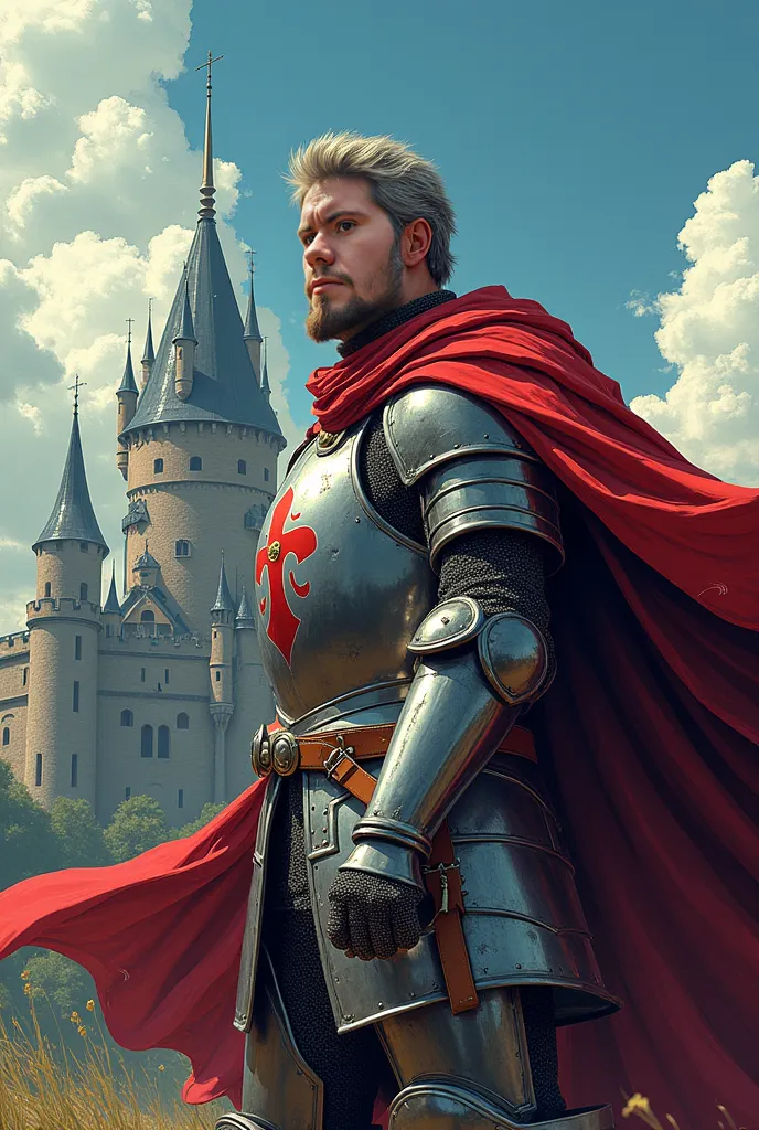 I'd like you to make me like a medieval knight, Manga style, in the background a castle.