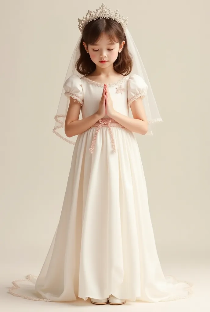 image of a girl for first communion card with white complexion, shoulder-length brown hair , long white dress with pink touches of first communion in a prayer pose