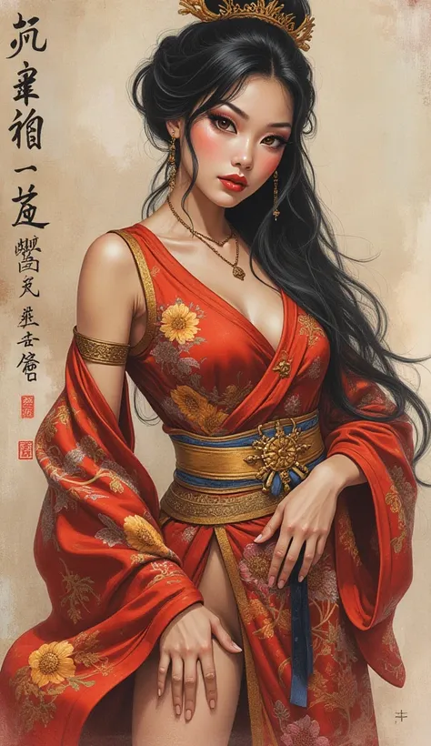 the proportions and detailed teunknowntures multicolor brushwork and softened with airbrush, A semi-realistic illustration in china ink resembling a theyung girl seunknownualized appearance ( in high quality full body ),  with an evil look , perfect face, ...