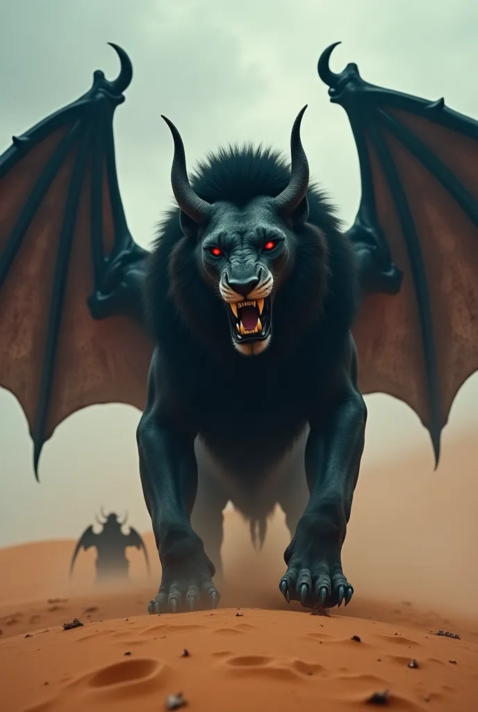 In a dark and stormy desert, a terrifying hybrid creature stands menacing. It has the muscular body of a huge black lion, its thick mane is imbued with living shadows. From his head emerge large curved demonic horns that shine with a spooky energy. His eye...