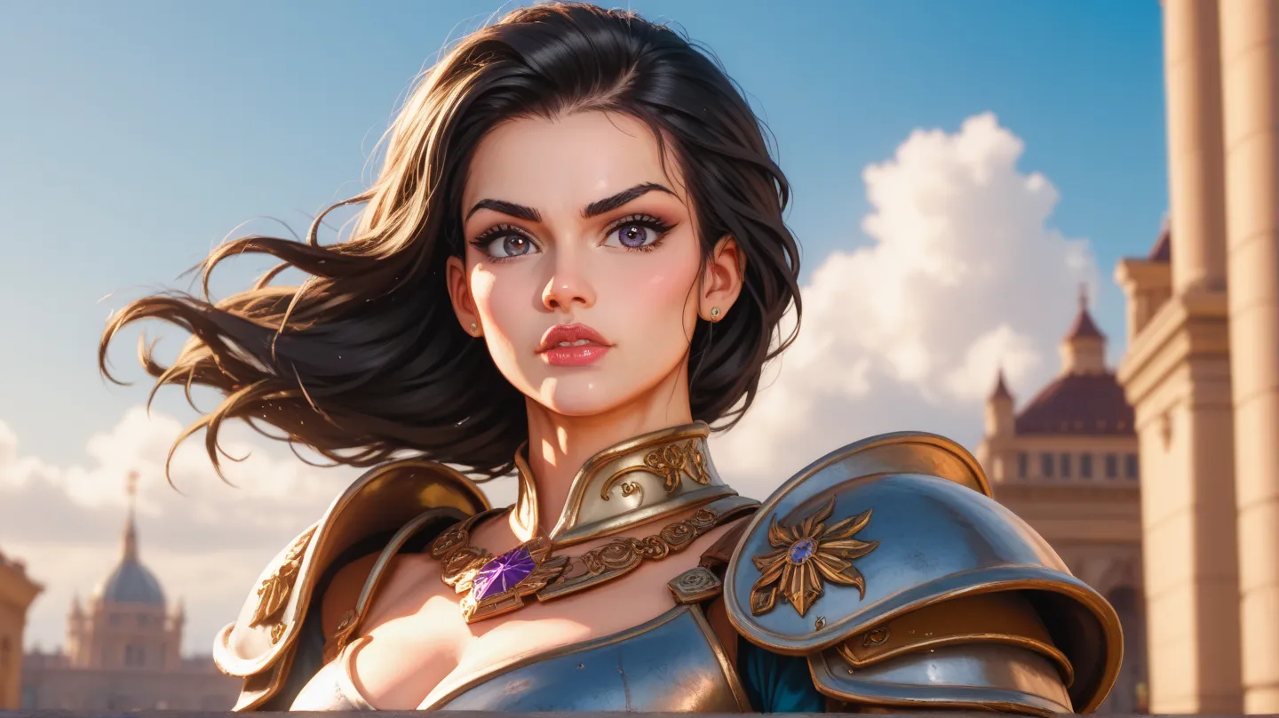 Beautiful warrior woman , Black hair, perfect face sexy body revealing armor Ultra realistic cinematic HDR lighting, resolution 8k.