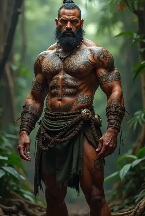 "A muscular male figure, resembling Zhongli from Genshin Impact, kneeling in a muddy wilderness at dawn, wearing a tattered black dragon-patterned tight suit soaked with sweat, highlighting his broad chest, sculpted eight-pack abs, and long powerful legs. ...