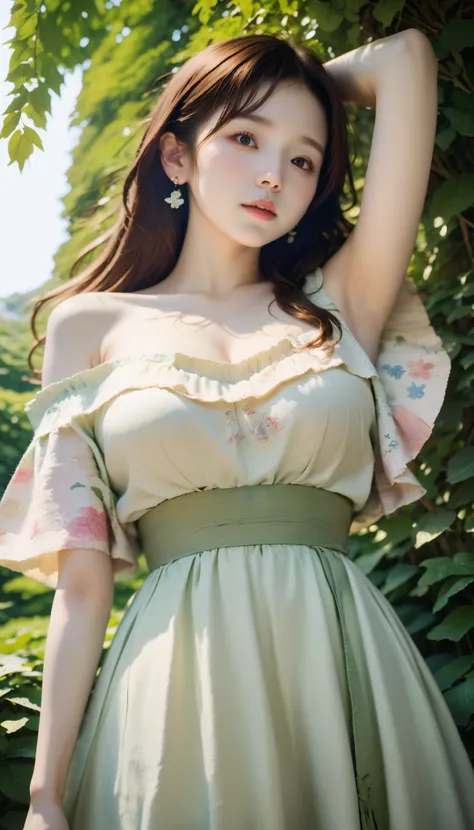 8k, masterpiece, Highest quality, close-up,   low angle, long brown hair, Loose waves, Japanese girl,  white skin, Big Breasts, gentle expression, olive green one-piece dress, off shoulder,  Floral embroidery , Pastel Flowers々,  Dangling Earrings ,  hand b...