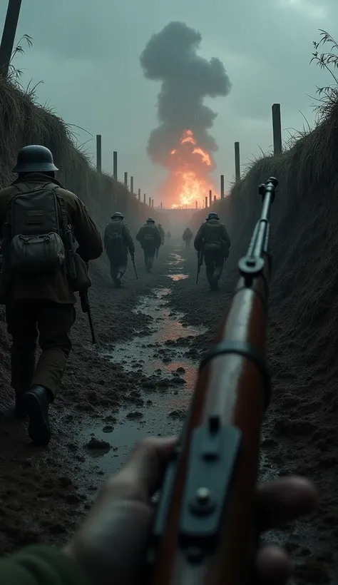 POV: You are a soldier in the First World War, trapped in the trenches amidst absolute chaos. The sky is dark and heavy, rain turning the ground into thick mud, and the air filled with the stench of gunpowder and fear. Your uniform is soaked, your hands co...