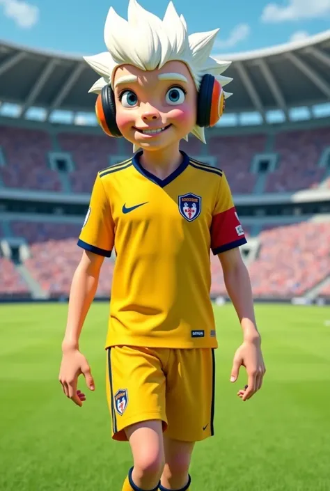 Create for me a picture of a player with light white hair, a punk boy, smiling, wearing a yellow soccer uniform inside a soccer stadium. He is alone in the stadium, walking with headphones, a yellow uniform, and a captain's armband.