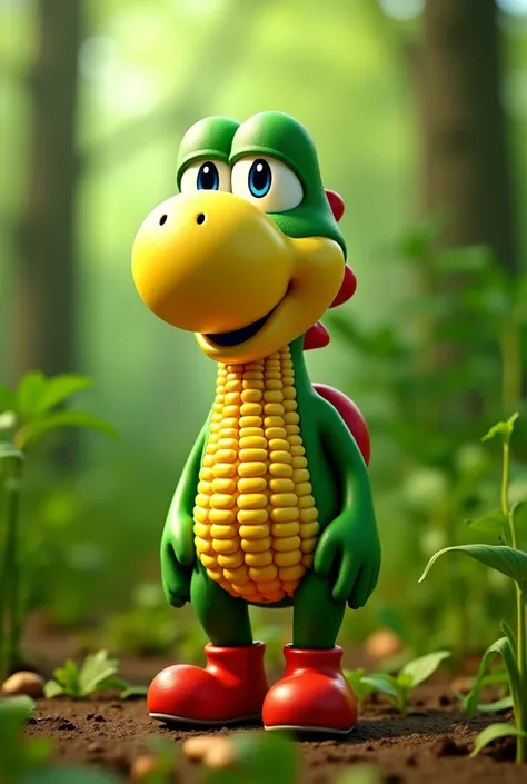 Create a video of a super real corn dressed as Yoshi 