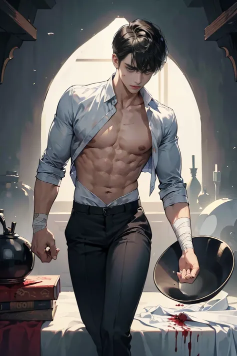 (best quality, masterpiece, 8K, Practical, light, 1:4 HDR images, Very detailed, ((Highly detailed Illustration of a black haired CEO wearing dress pants and shirtless with bloody bandages, bowl-cut hairstyle, dynamic pose)) 1boy, male focus, solo, cinemat...