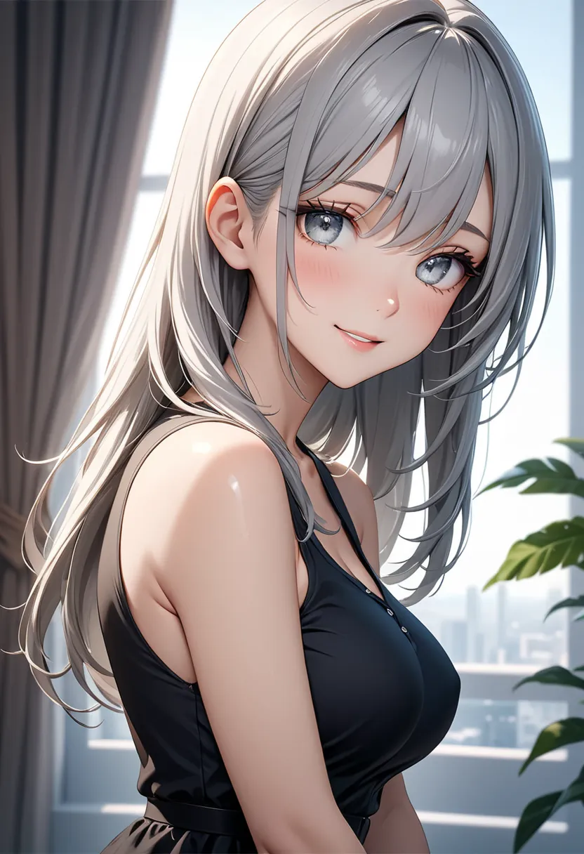 ( Best Quality ), (High Resolution), (8k), (inelity detailed background), (masterpiece:1.2),Beautiful Girl, Mature look, midium breasts, Shiny romance gray hair, long hair, fine hair, Beautiful grey eyes, (detailed eyes), (beautiful eyes), A neat nose, bre...