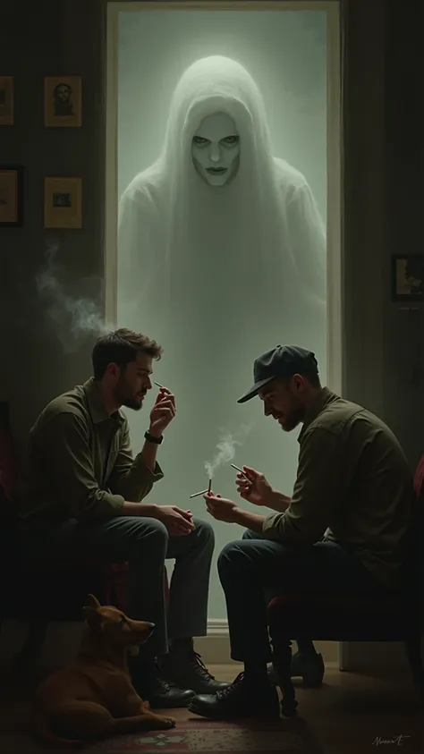 A man sits in a secluded room, another friend rolls a cigarette, the room is full of smoke, a ghost's face is visible in the smoke, a dog sits next to the man