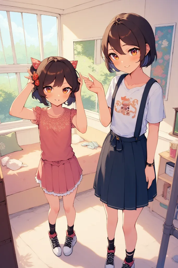 2 sisters, full portrait, anime style, getting ready for school 