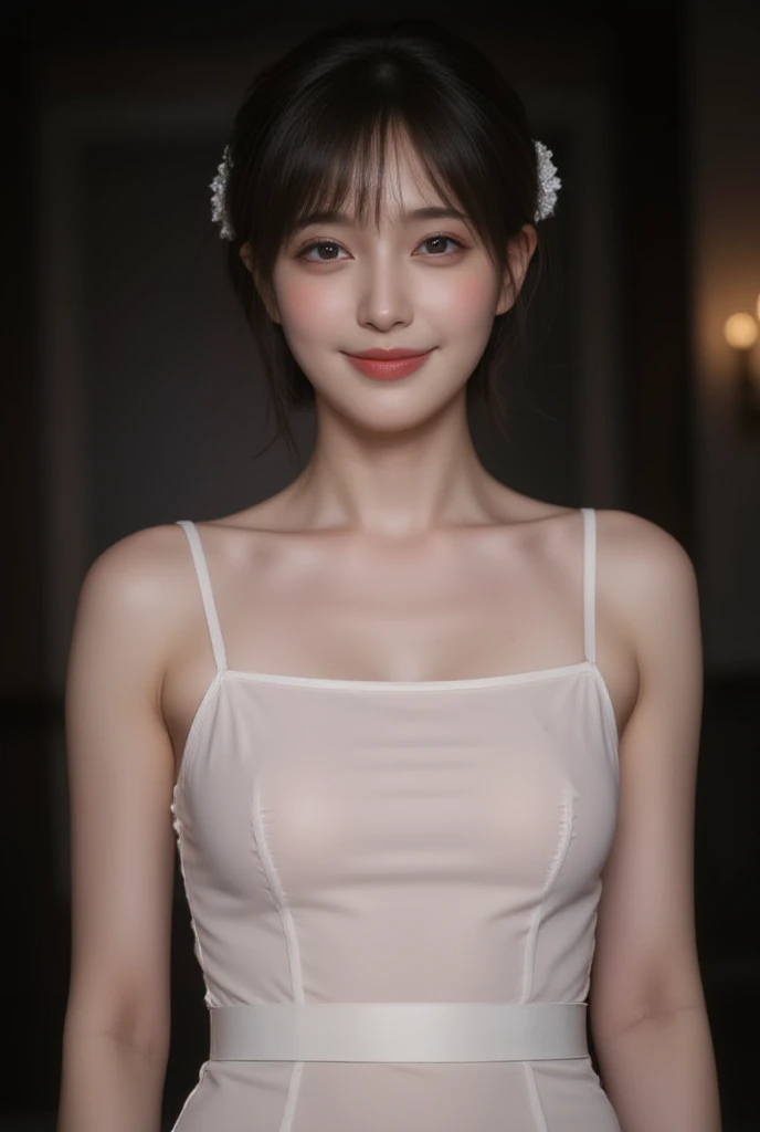 nsfw, Chinese woman, close upper body shot, face focus, black hair with flower in hair, fair white skin, standing, celebrity red carpet photoshoot, professional photo taken from in front, waving pose, thin see-through dress, almost nude, perfect body, huge...