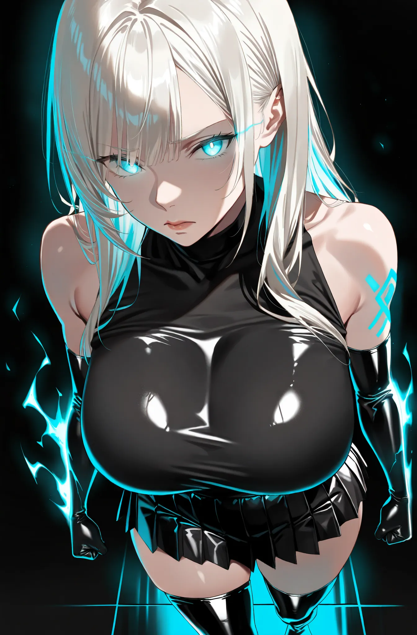 1 woman, ((solo)), {adult woman}, {blue eyes}, {glowing eyes:1.6}, {white hair}, {bangs}, {long (loose hair)}, {big breasts}, {big ass}, {minimalistic design:1.8}, {black clothes:2.0}, {leather clothes:1.5}, {shiny clothes:1.2}, {skintight clothes:1.8}, {s...