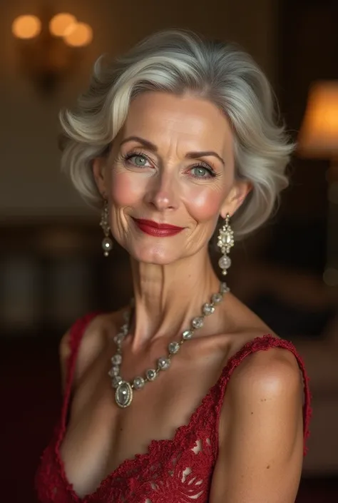 Create a photo-realistic image of a 60-year-old woman with a slight  asymmetry to her features, making her appearance more natural and  humanlike. She should still maintain an elegant demeanor and be dressed  in a sophisticated evening gown. The image shou...