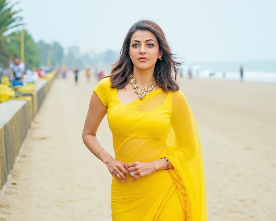 Actress kajal aggarwal in a beautiful yellow chiffon saree walking on the beach with wind gently blowing while uncovering her midriff, full body shot