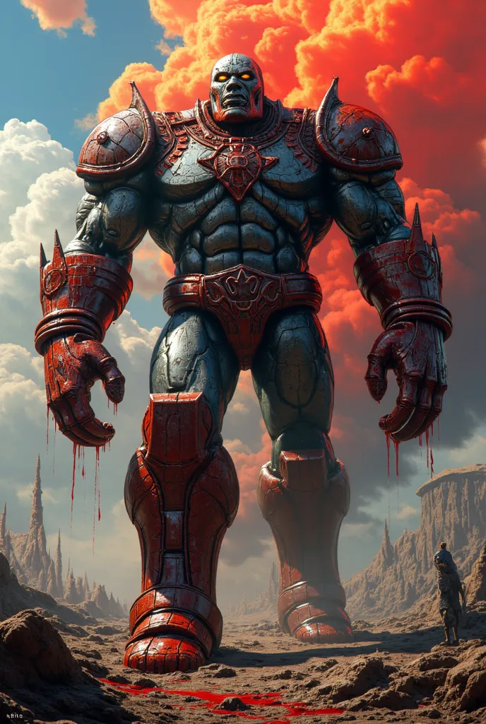 Crimson Plague (colossus +  Apocalypse + omega red)

 Image Description :

A colossal figure, Its metallic skin now tinged with a rust tone, covered in red cracks that exude a pulsating energy. Your face, sculpted like an idol of war, Its eyes glow in sini...