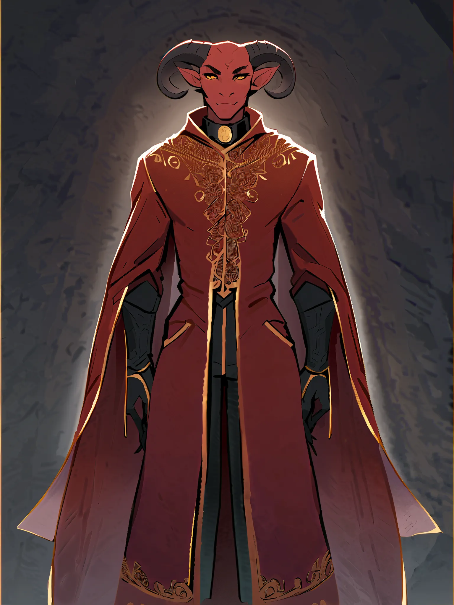 Red tiefling, dark red skin, male, balck horns, solo, facing viewer, blank background, fashion, fantasy fashion, slender build, red cloak, maroon, gold embroidery, coat tails dipped in gold, high rise collar, gold embroiderd