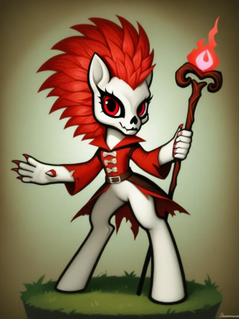 Art Pony girl alien animal thick red hair and white skin bright red eyes and claws and with an animal skull mask,  dressed as a shaman with a full-length staff 