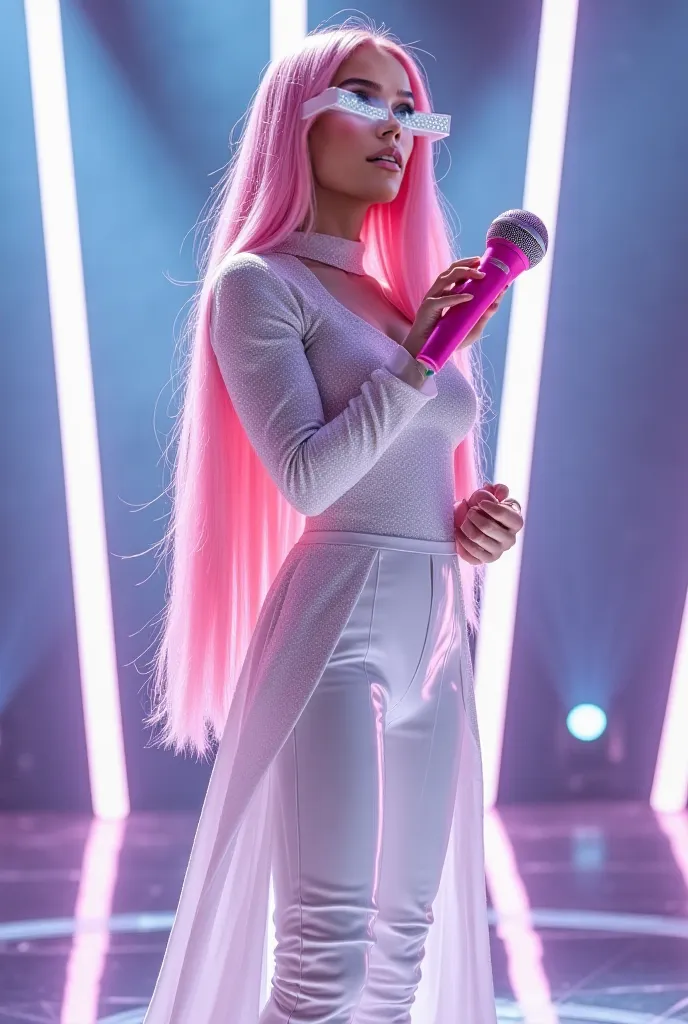 Woman with slightly tanned skin, light pastel pink long straight hair, body hourglass futuristic clothing white with glitters, skirt, long white patent leather boots pop singer outfit,  on a stage with lots of lights , He has a pink microphone with small d...