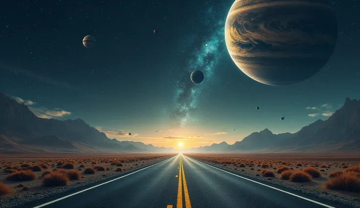 a straight road that is lost on the horizon with continuous yellow lines and on both sides the cosmos,  Planets and heavenly bodies . There is no land or mountains only the road and space