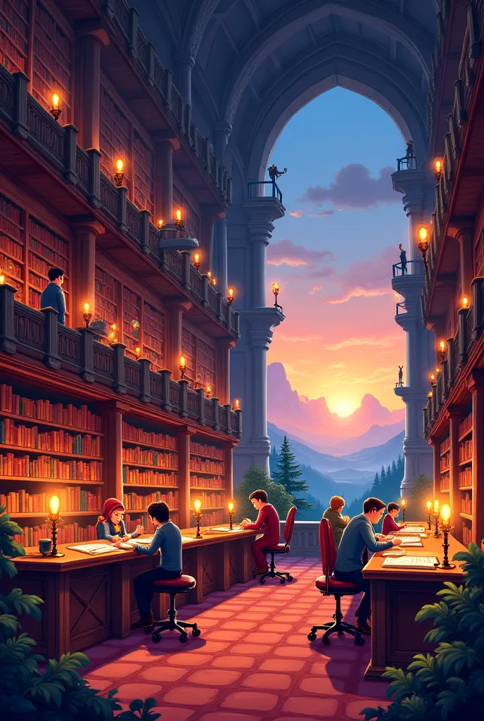 Create for me the setting of a castle library in Cartoon at dusk