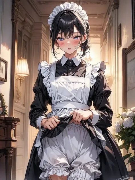 One girl, black hair, ponytail, BREAK, (traditional maid dress:1.4), BREAK, (lifting skirt up to crotch, lifted by self:1.4), (white ruffle bloomers:1.8), blushing face, opening mouth, closing eyes, living room, 