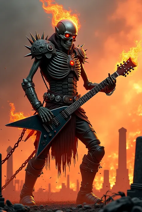 Super hero guitar hero esqueleton metalhead graveyard solid fire crow made of skulls