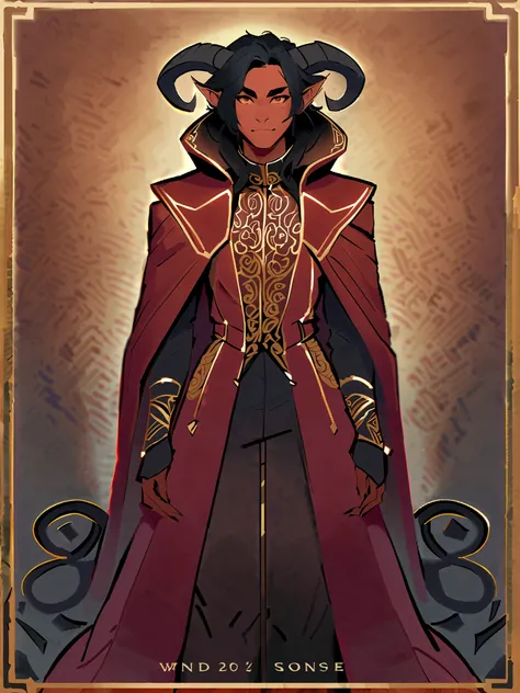 Red tiefling, dark red skin, black hair, semi-long black hair, male, balck horns, solo, facing viewer, blank background, fashion, fantasy fashion, slender build, red cloak, maroon, gold embroidery, coat tails dipped in gold, high rise collar, gold embroide...