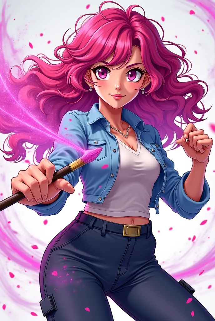 Woman with long curly hair with pink highlights, holding a magic paintbrush,anime art style , 2D anime art style, full body ,tomboy outfits, dynamic pose, fighting action pose