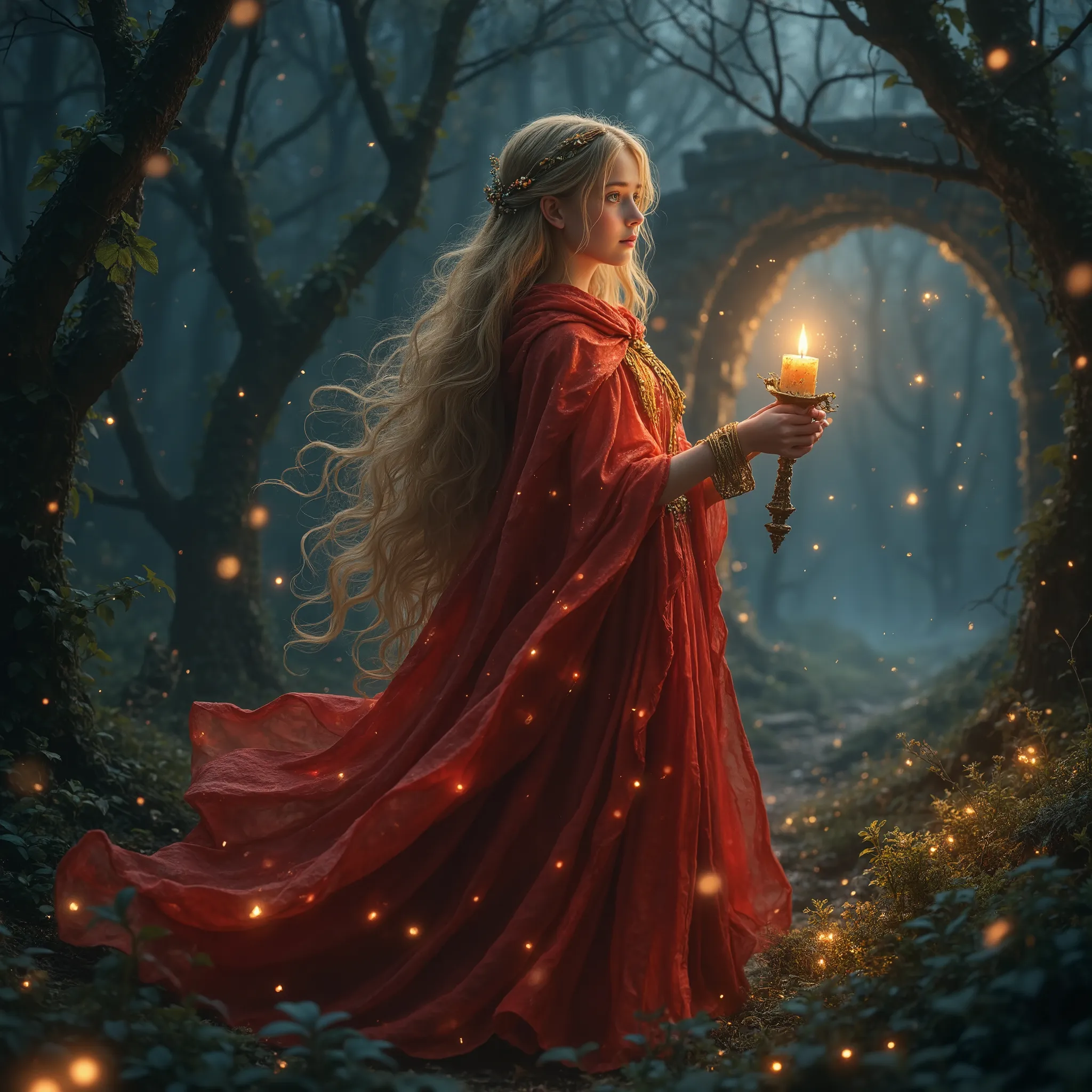 "a beautiful  girl, well-recreated face beautiful like a fairy dressed as little red riding hood with long golden hair and eyes full of amazement, dressed in a glowing red layer that glows in the dark as if woven with magic light.  The layer flutters softl...