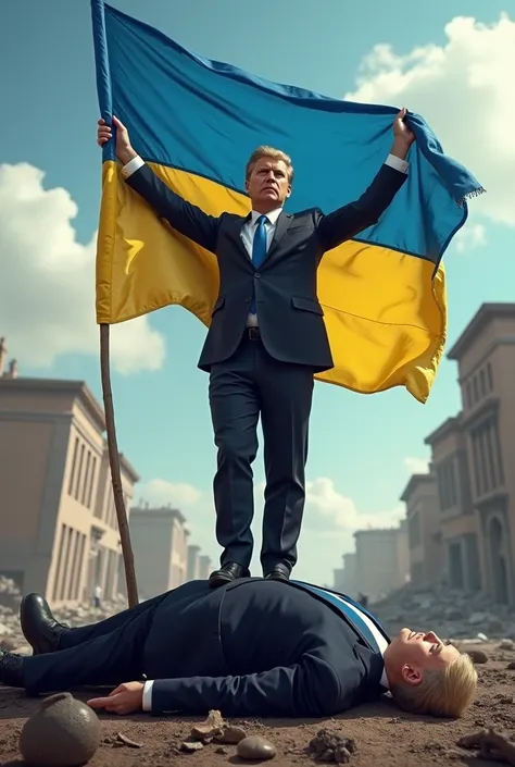 Vladimir Zelenski raises Ukrainian flag with one foot on Donald Trump's back