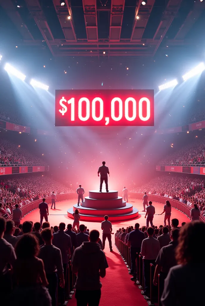 Create an image of a thrilling challenge where 100 contestants compete for a grand prize of $100,000. The scene is a massive outdoor arena filled with excitement, featuring a large digital countdown timer, bright spotlights, and an energetic crowd cheering...