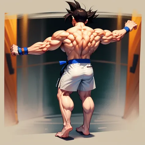 ( A detailed drawing of goku , mma fighting .), With a naked torso, white Shorts, red boxing glowes, huge muscular body, shredderd Body, big Bizeps, big shoulders, Muscle legs,abs, Barefoot, Mixed Martial arts, high step, Full body image, Rear view, side c...