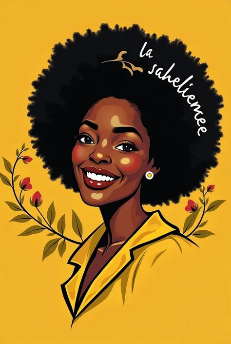 Logo d'une boutique de produits de beauté '' la sahélienne'' en couleur jaune et noir  d'une femme africaine souriante, cheveux bouclés avec le nom de la boutique écrit autour du logo en français dans un fond de nature 