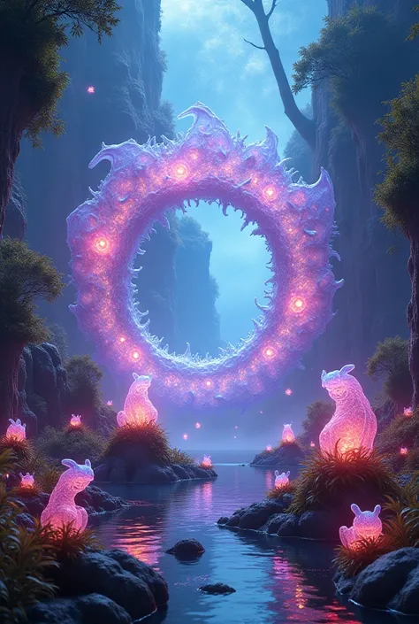 Fantasy portal to an illusionary realm, glowing fractals, kaleidoscopic patterns, translucent creatures made of light, surreal vegetation, misty atmosphere, cinematic lighting, ultra-detailed, unreal engine 5 style, vibrant yet haunting