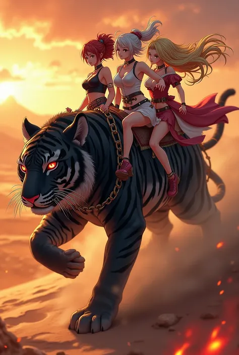 In anime format make 3 women with different hair riding on a black tiger with red eyes with a chain saddle burning in the desert 