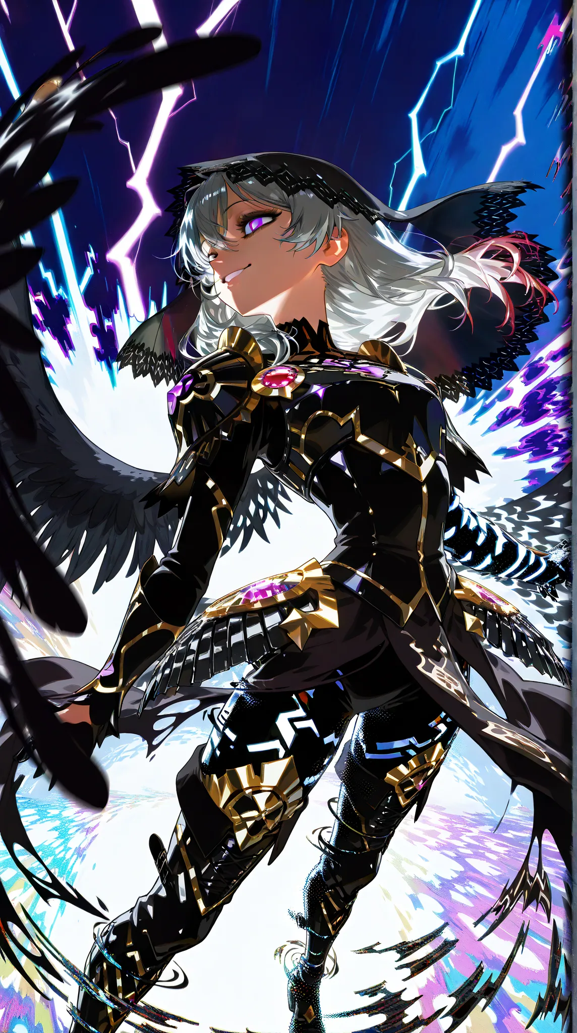 Many black feathers fluttering down: 1.5, Mature and seductive goddess, (Unbelievable high resolution, masterpiece, highest quality, highly detailed depiction, CG, official art), (Evil goddess, fantastic atmosphere), (Mysteriously crafted black metal armor...