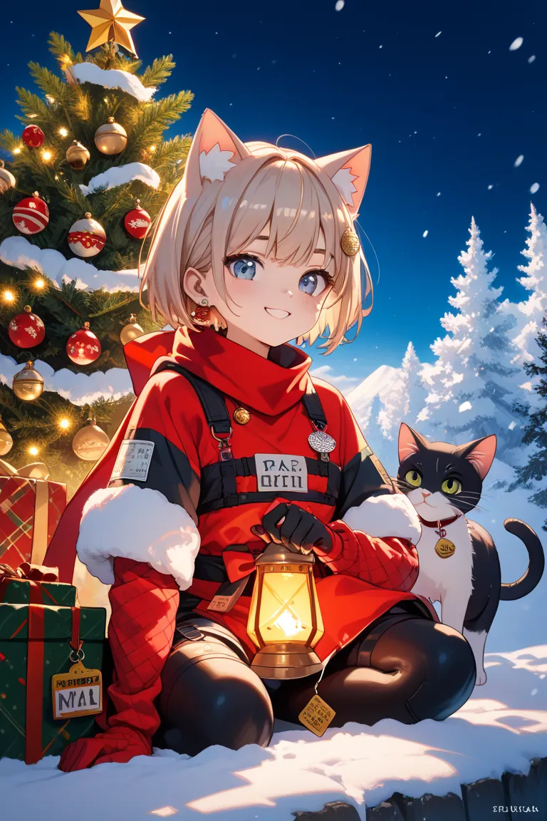 red ninja costume、 christmas、 cute kitty、tree