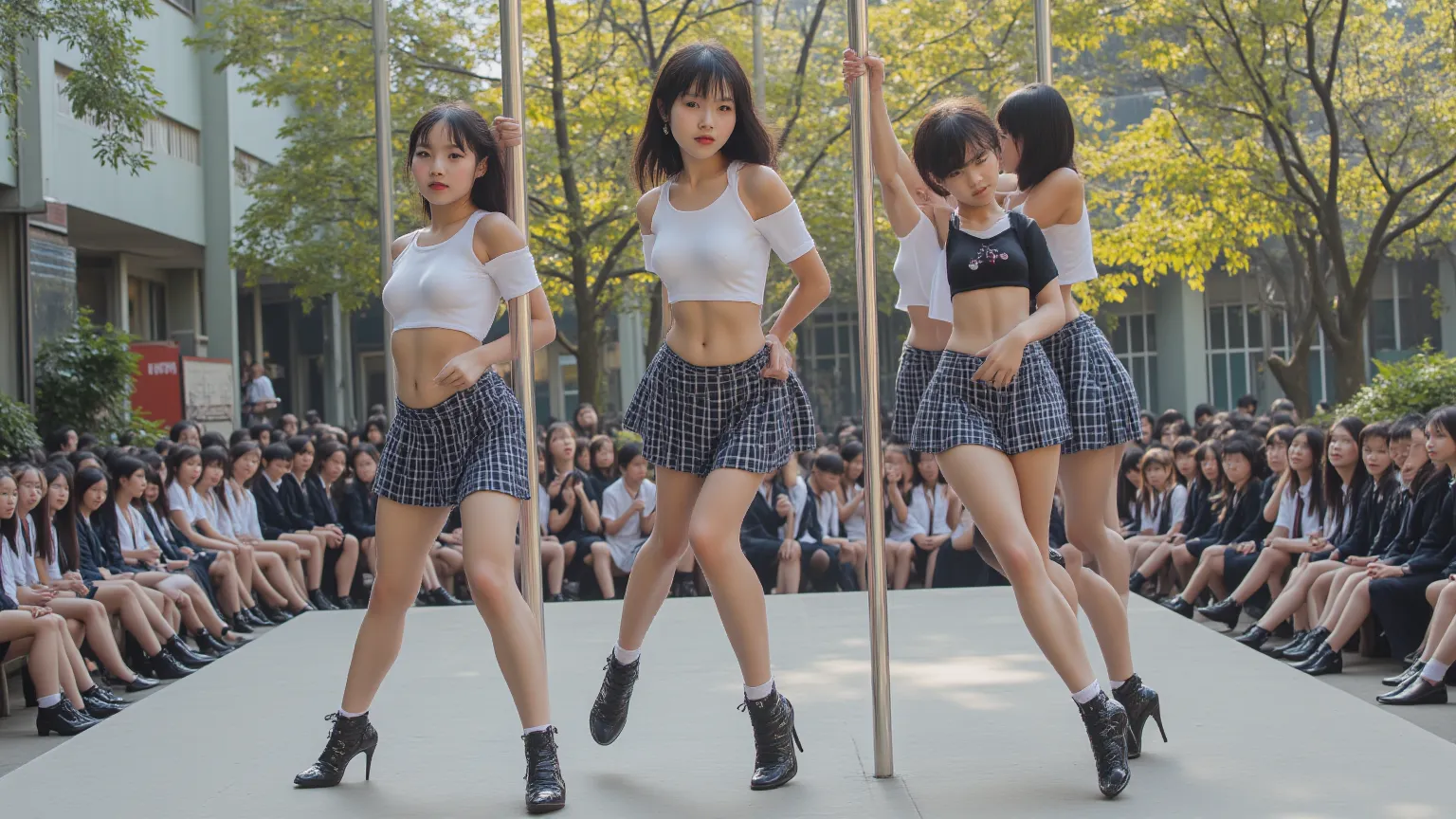 Two Asian primary school girls with cute young faces are on a stage in court yard of school.  Pole dancing wearing school uniforms and high heels.  uniforms consist of micro mini skirts and crop tops.  flat chested. Cleavage visible but no nipples visible....