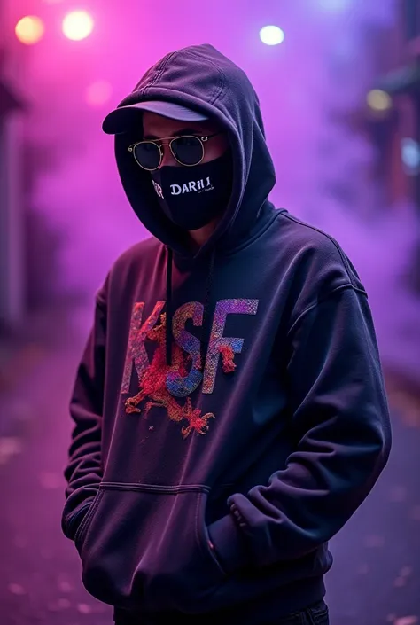 Faites-moi une image avec un homme qui porte une casquette écrit, K SF en multicoloureet une capuche, déchiré et usé avec des impacts, deux balles et des lunettes de soleil noirs et un masque qui cache la bouche avec pull avec la script. Keysersoze et un p...