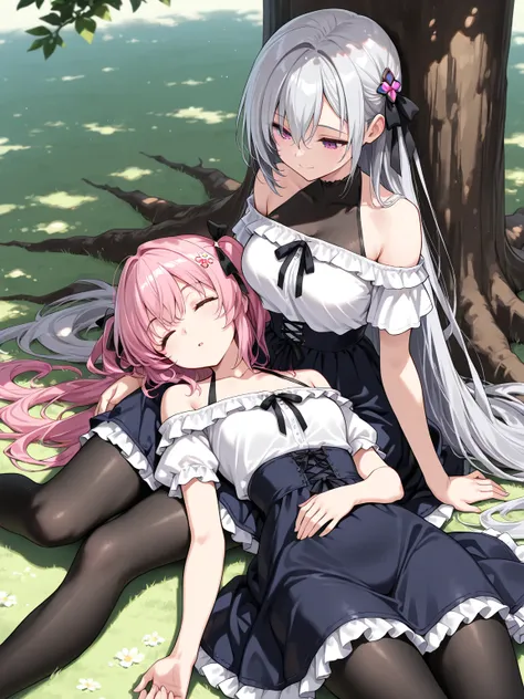 (masterpiece, best quality, extremely detailed), 
2girls, lap pillow, under tree, (pink hair, very long hair, pink eyes, off-shoulder white shirt, short sleeves, black halterneck leotard, leotard under clothes, high-waist skirt, darkblue skirt, frilled ski...